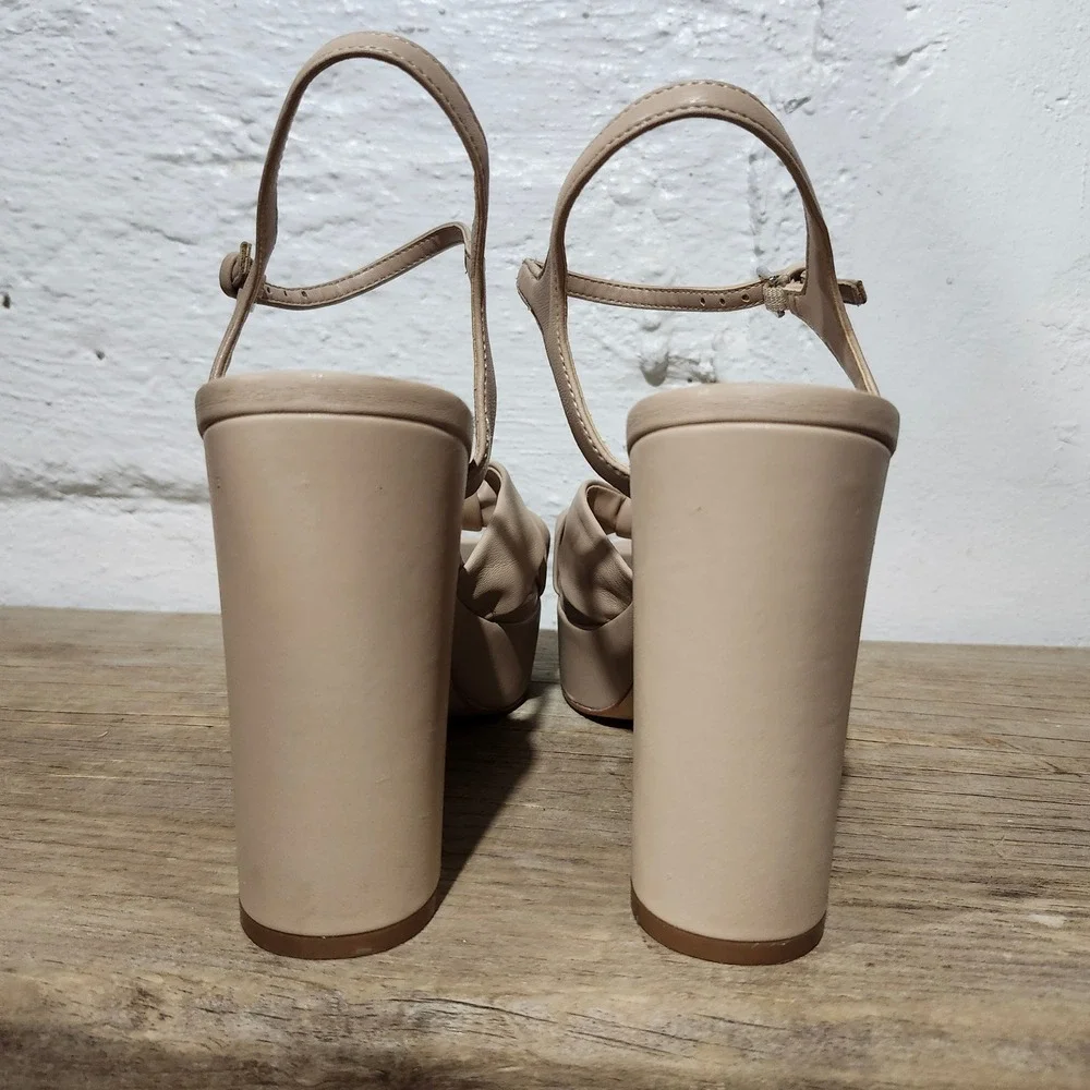Marc Fisher Tan Knotted Platform Block Heel Sandals Womens 9.5M Nude Ankle Strap
